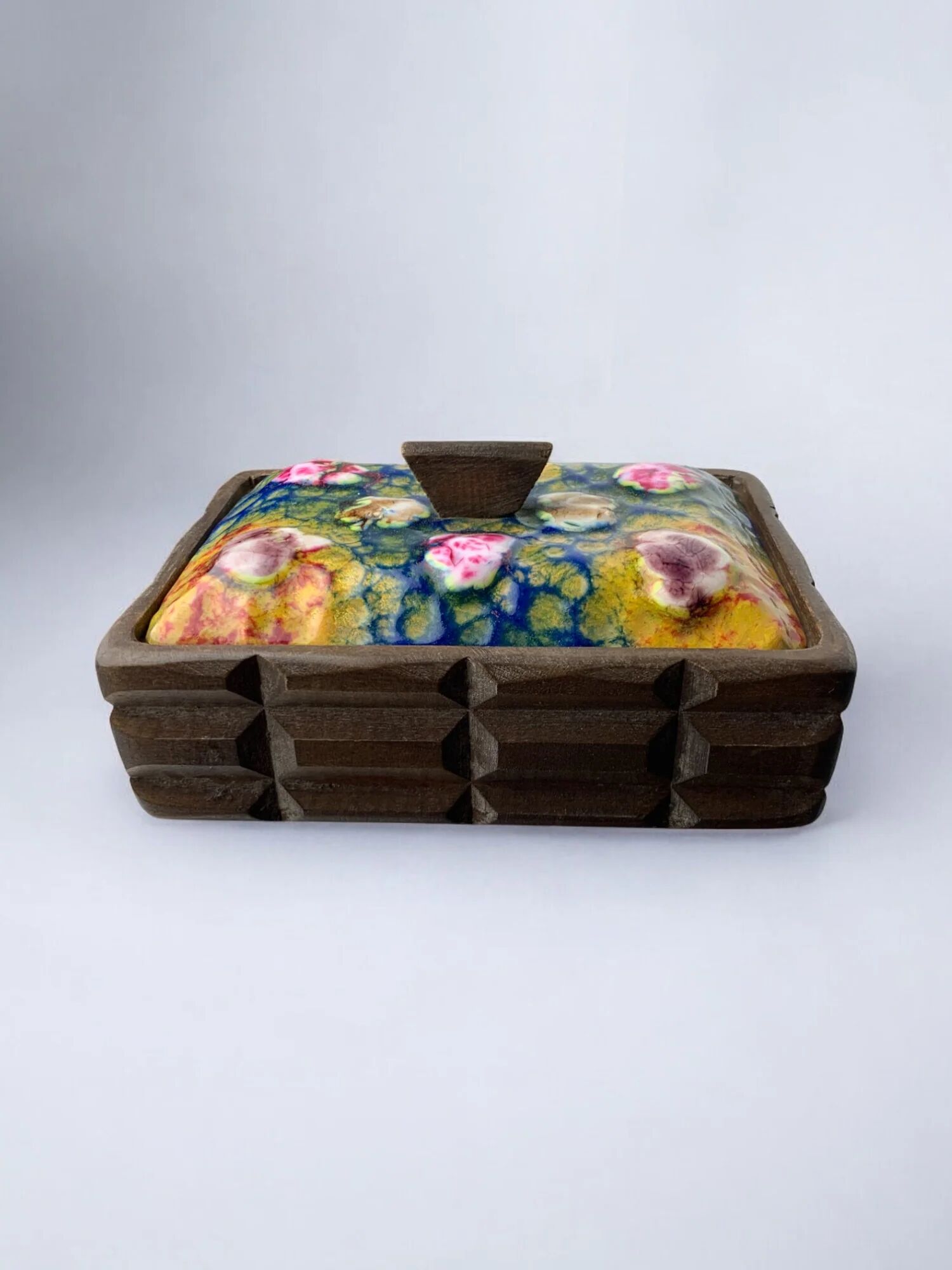 Modernist wood and enamel vanity box by J. Capo Esmaltes, 1970, Spain
