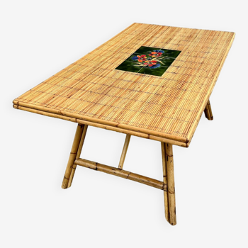 Table en rotin et bambou attribuée à Audoux Minet et La Roue Vallauris