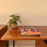 lacquered wood desk and black steel legs design from the 60s and 70s