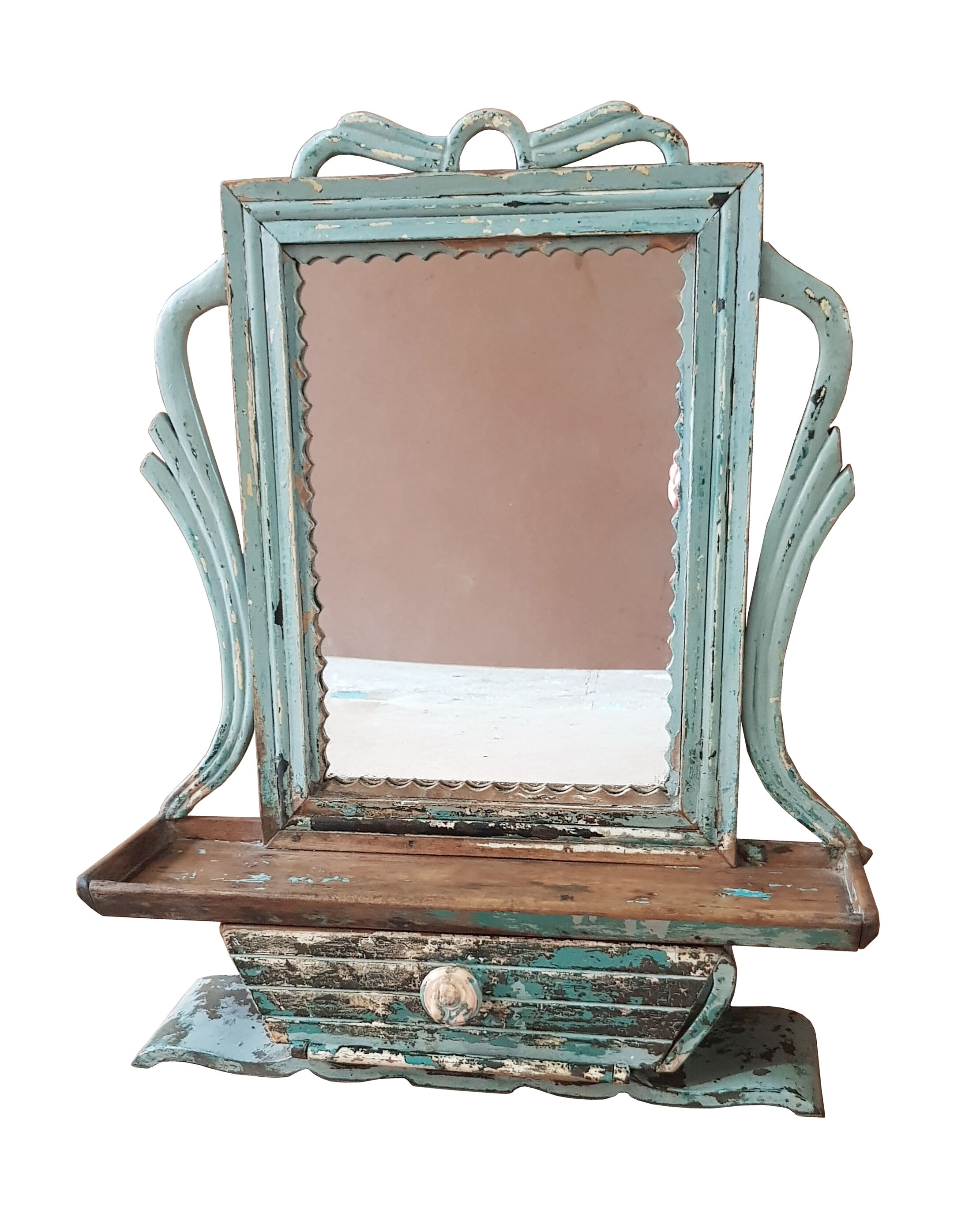 Mirror - Burmese Teak Art Deco wall shelf with original blue patina