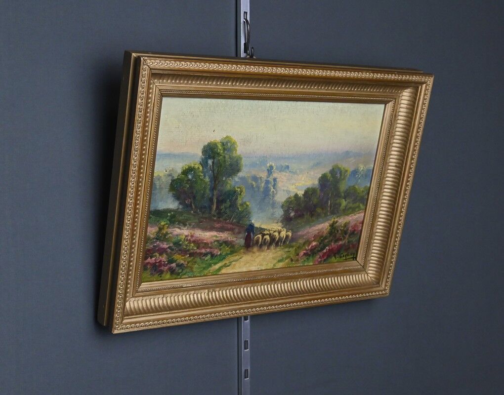 Painting "Shepherdess and her Flock", oil on panel signed G. Corbier – early 20th century