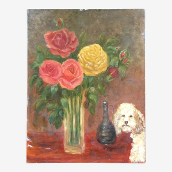 Tableau bouquet de roses et caniche