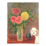 Bouquet of roses and poodle painting