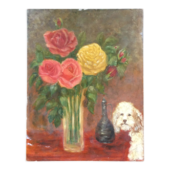 Tableau bouquet de roses et caniche