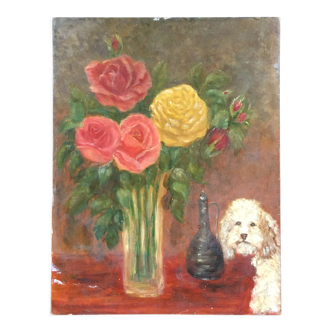 Painting of a bouquet of roses and a poodle