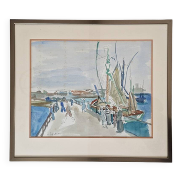 Henri Epstein (1891-1944) - Watercolour on paper - Busy port - Signed