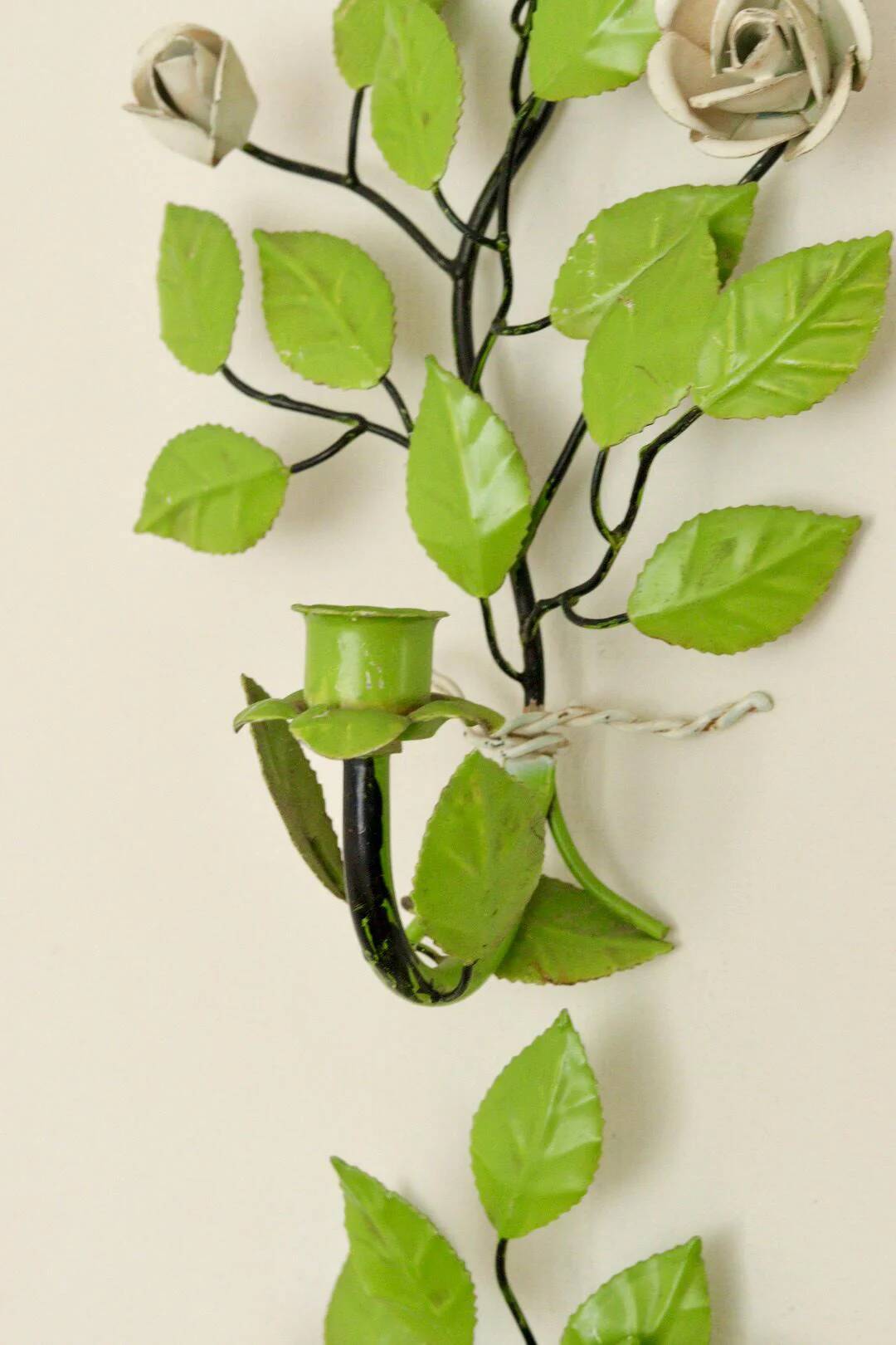 Pair of vintage green metal wall sconces – leaf-shaped