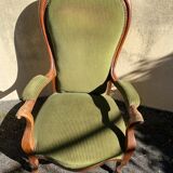 Fauteuil Voltaire XIX ème siècle, en noyer d'époque Louis Philippe, récemment recouvert.