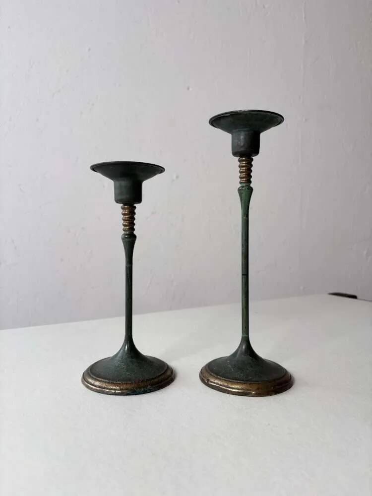 Set of two green bronze Italian candlesticks from the 1980s.