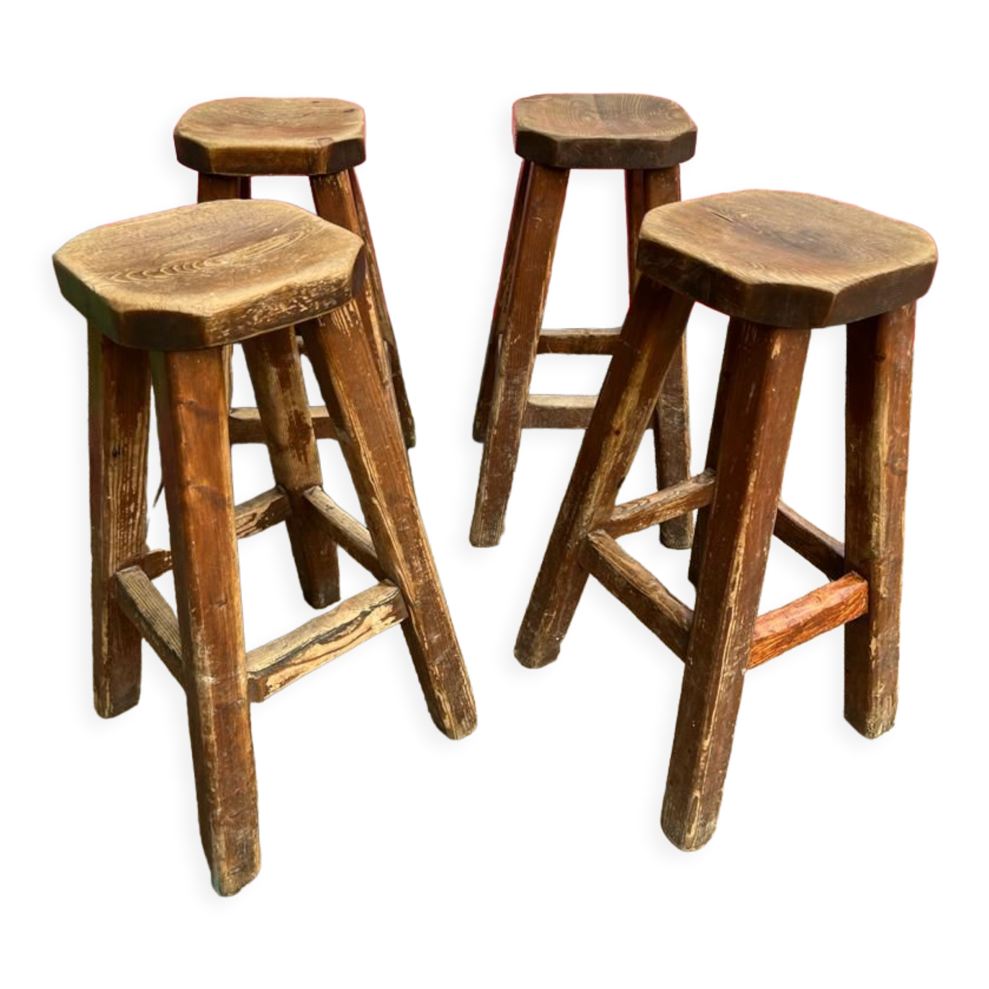 Set of 4 old vintage brutalist fir bar stools