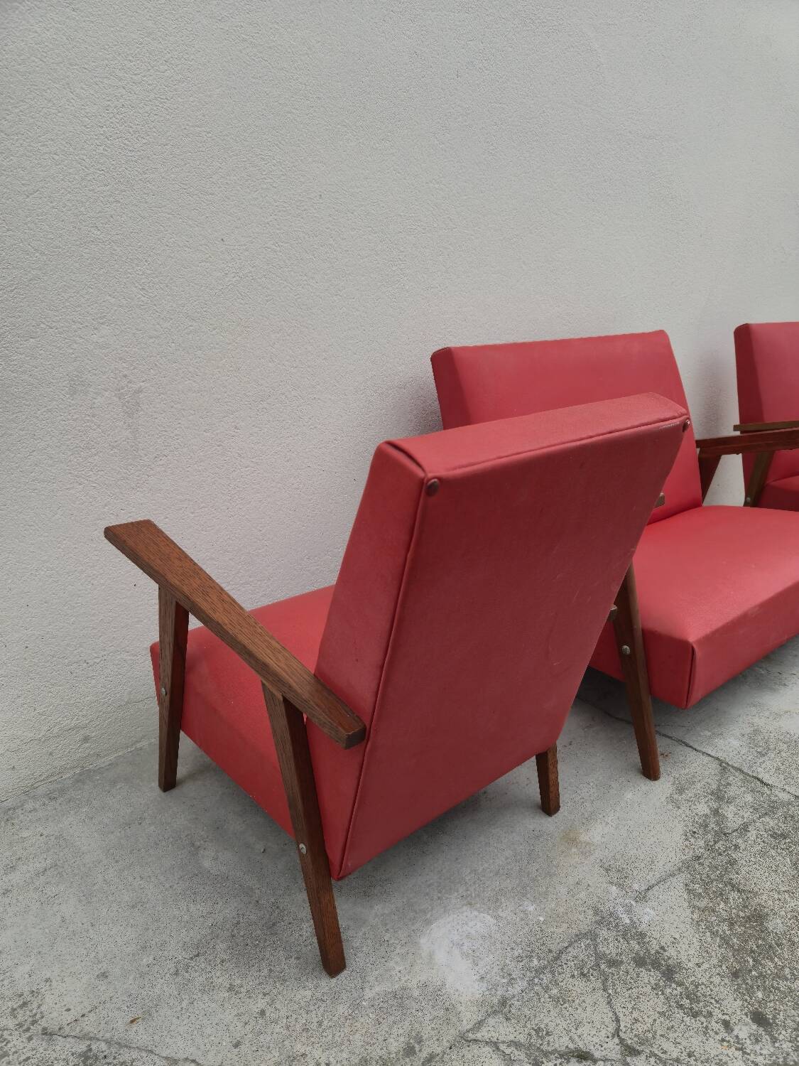 Vintage 1950s children's sofa and two armchairs with compass feet