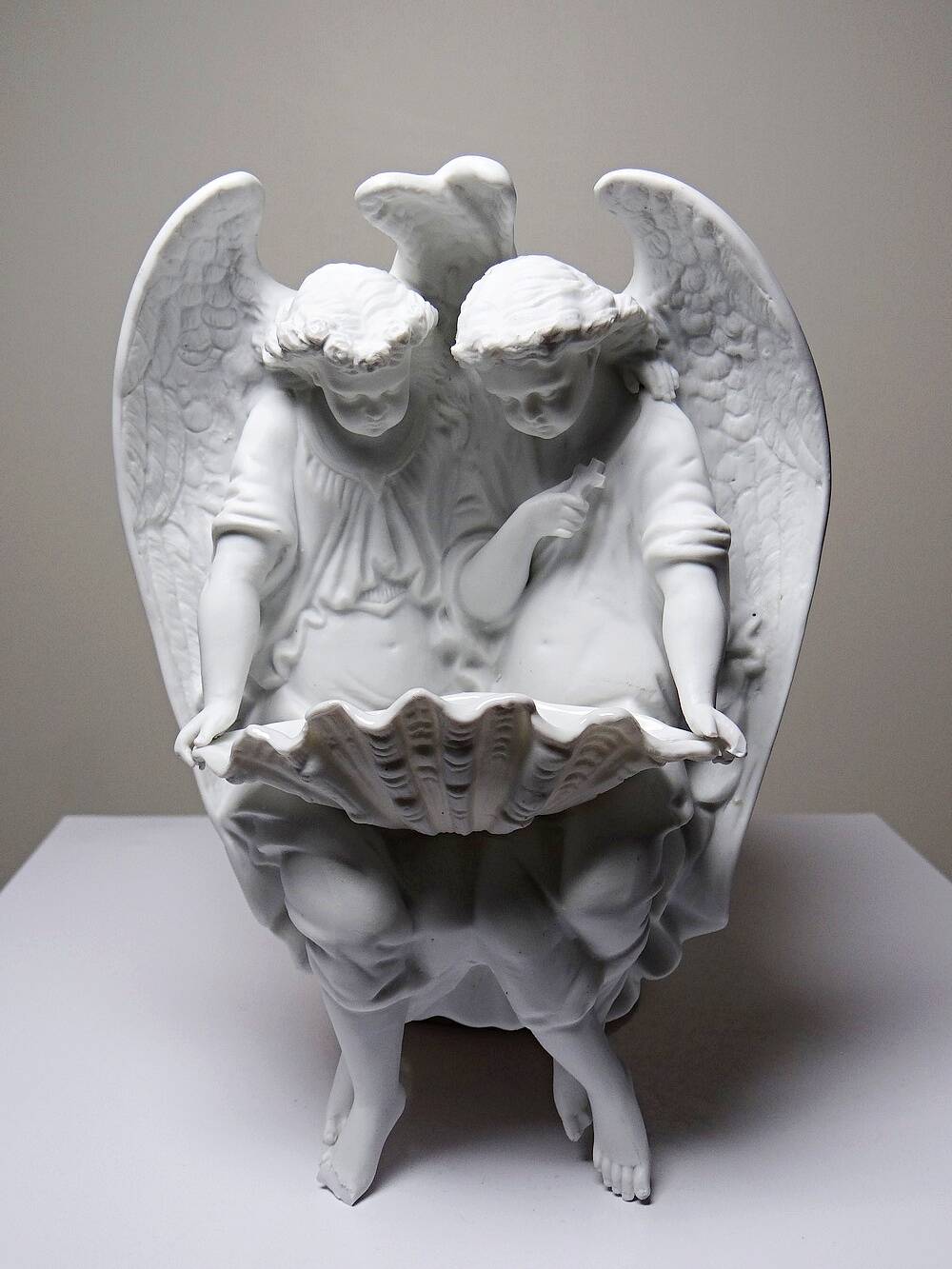 Porcelain biscuit holy water font with 2 angels, antique 1900-1930, Germany.