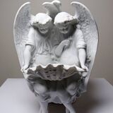 Porcelain biscuit holy water font with 2 angels, antique 1900-1930, Germany.