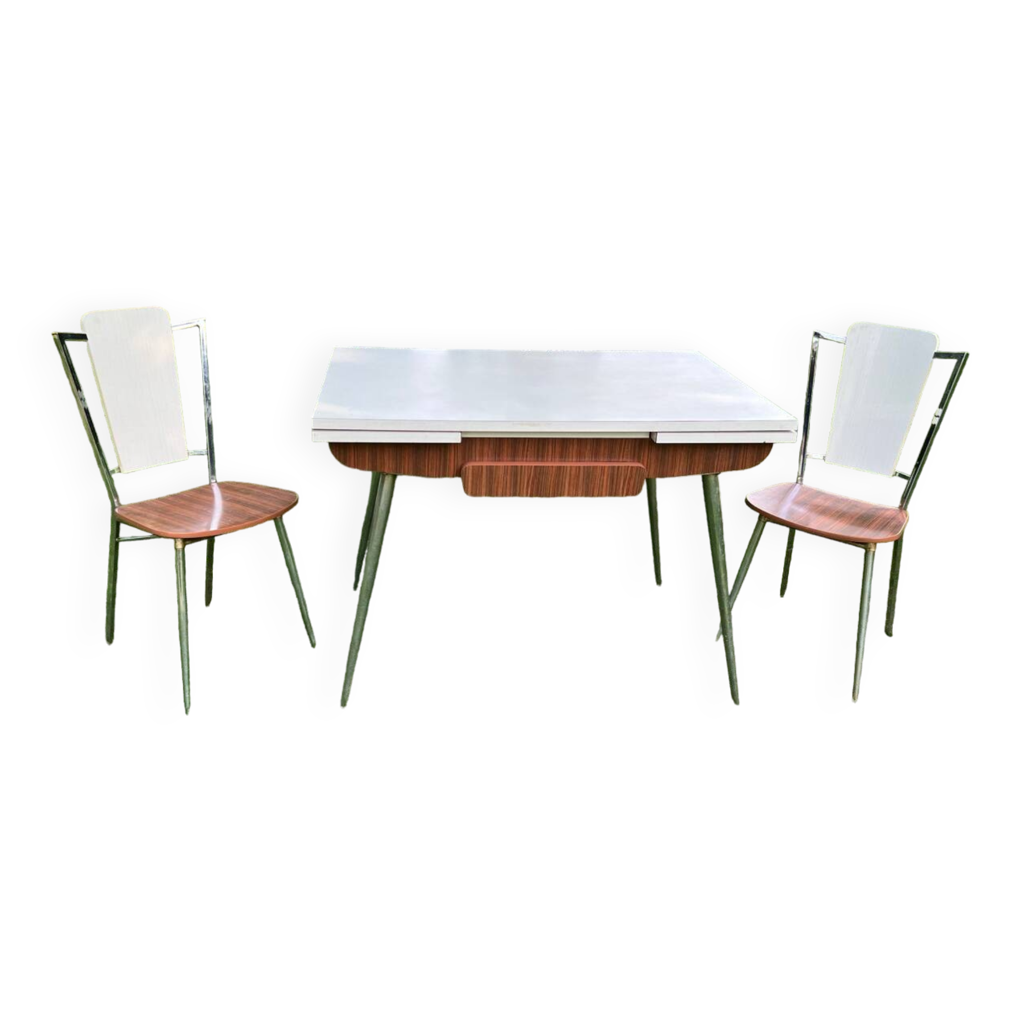 White Formica table with extensions and 2 designer chairs