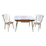 White Formica table with extensions and 2 designer chairs