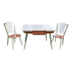 White Formica table with extensions and 2 designer chairs