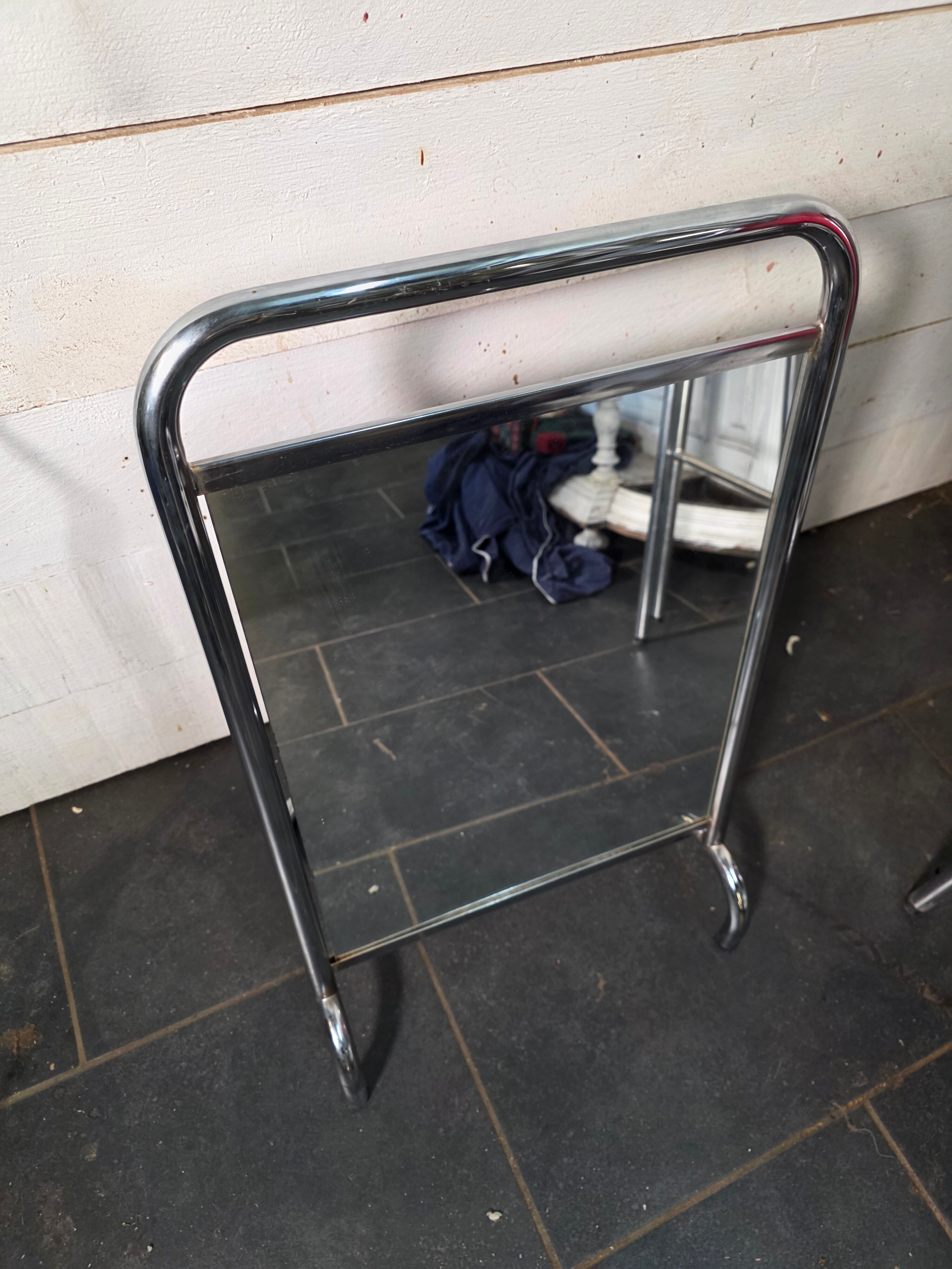 Chrome metal freestanding dressing mirror from the 1970s.