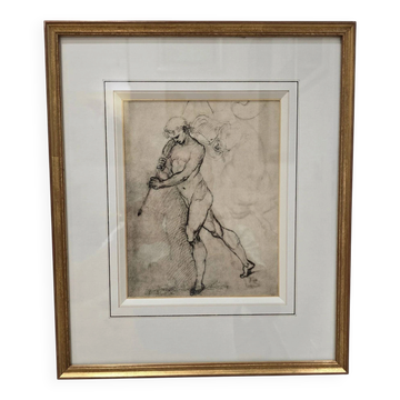 Framed drawing after an old master – Man pulling an animal