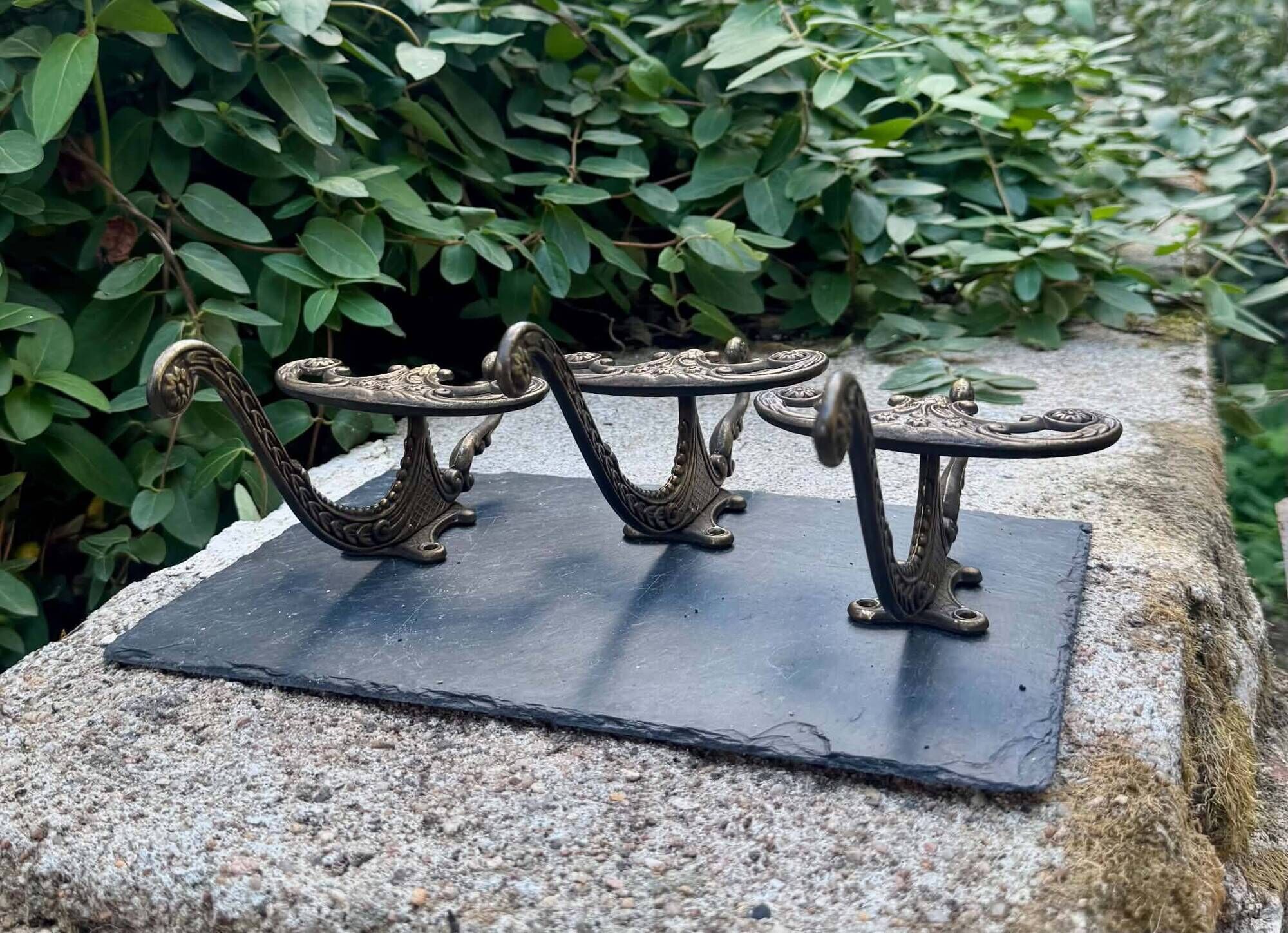 3 vintage Italian baroque brass coat hooks