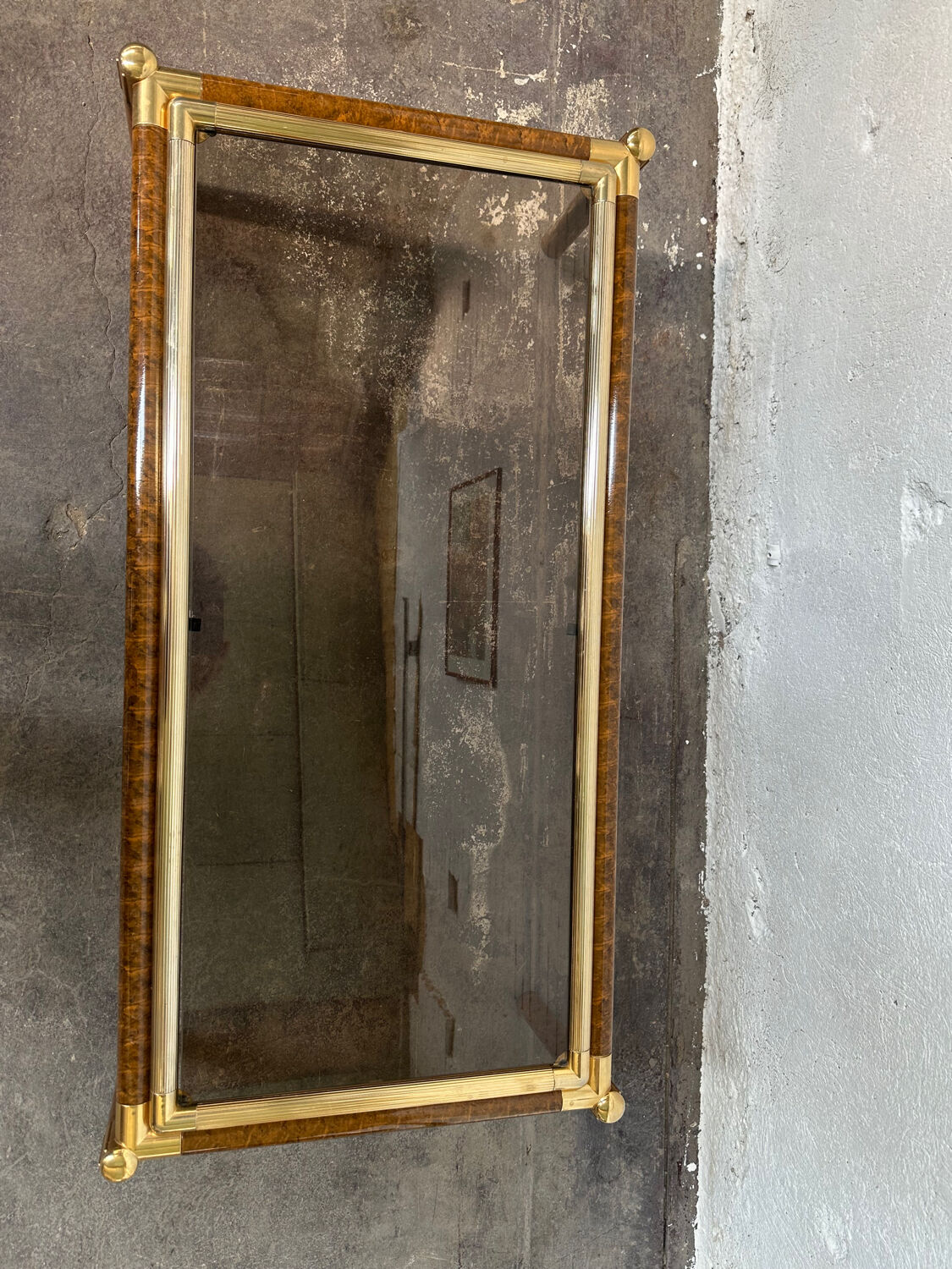 Gold-tone metal and imitation elm burl coffee table