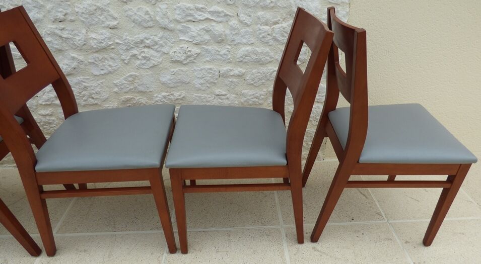 Set of 6 cherry wood style chairs with gray imitation leather seat