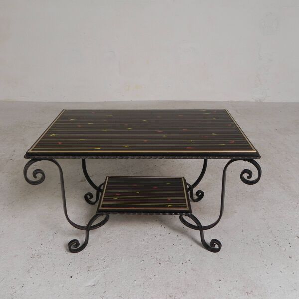 Table basse vintage avec 2 plateaux en verre avec impression des années 50