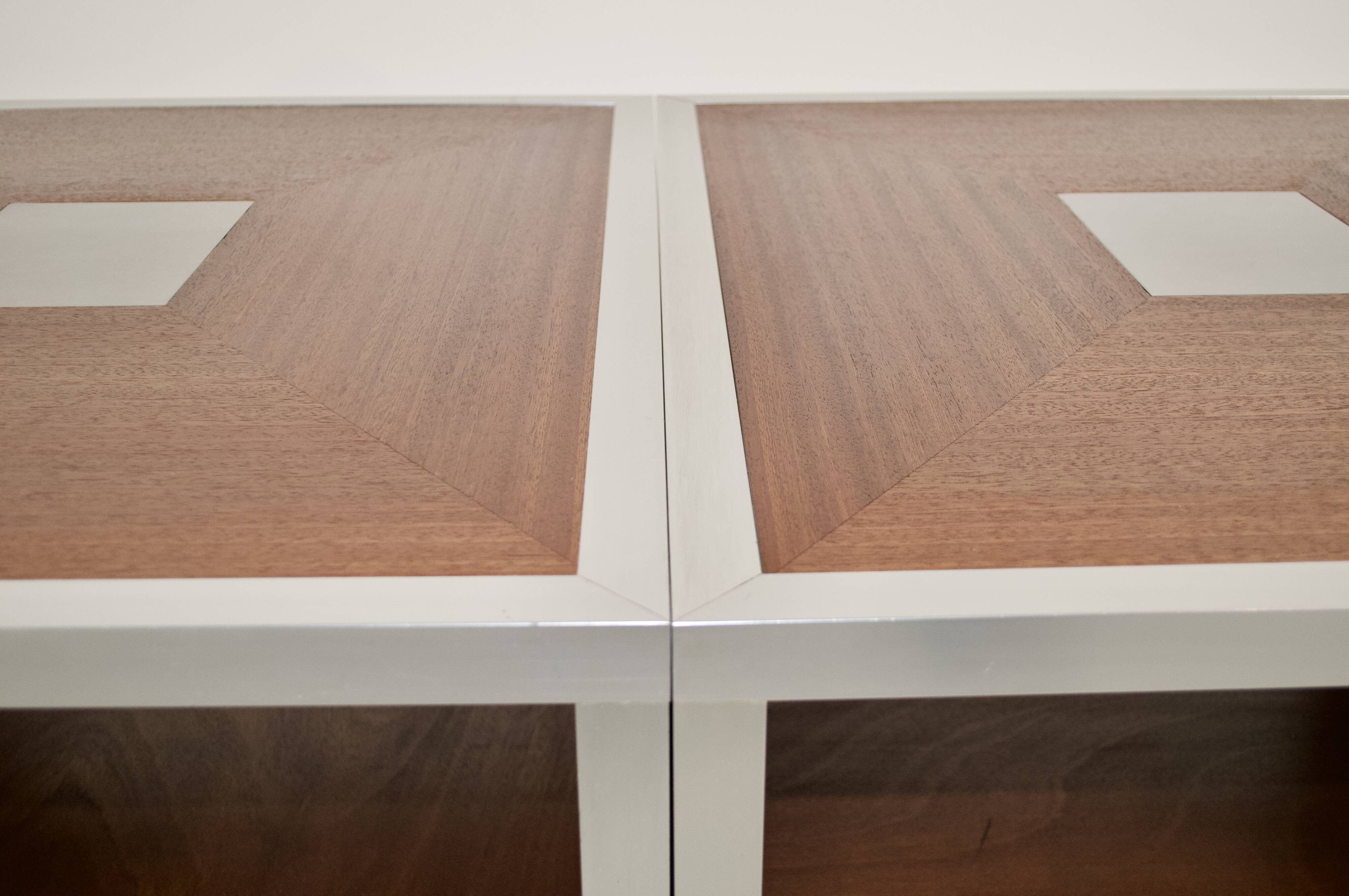 Pair of 70's aluminum and mahogany coffee/sofa end tables