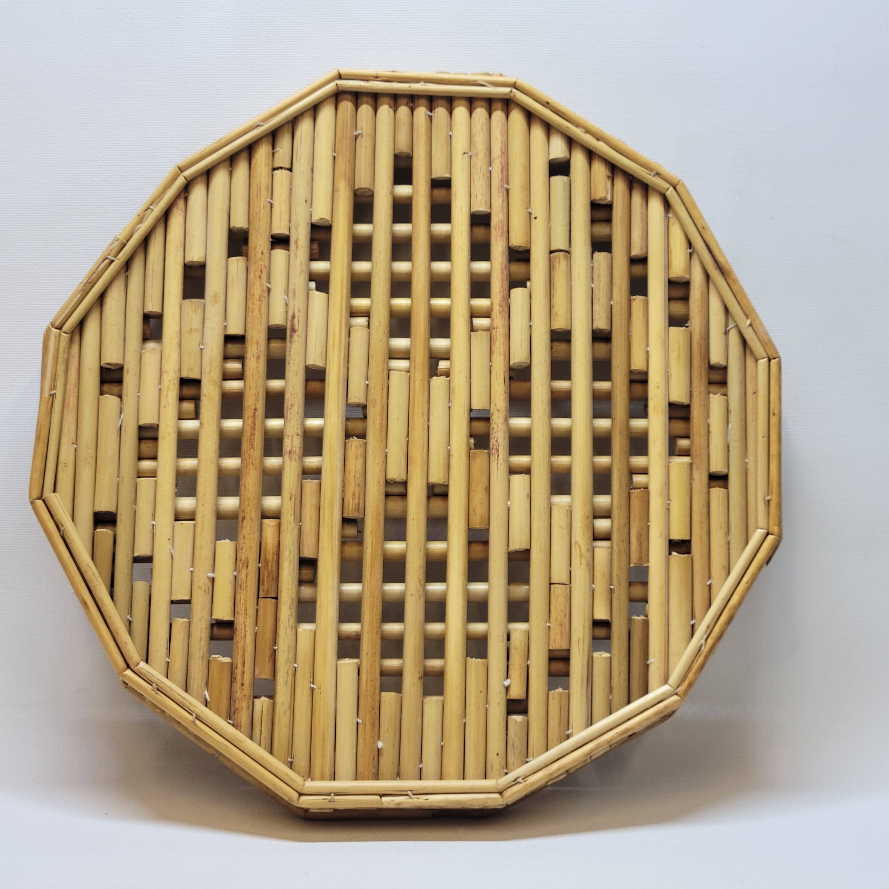 Rattan straw bamboo serving tray French vintage 70s