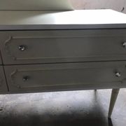 Mid-Century silver dressing table in glass and paint, central oval mirror, 1950s.