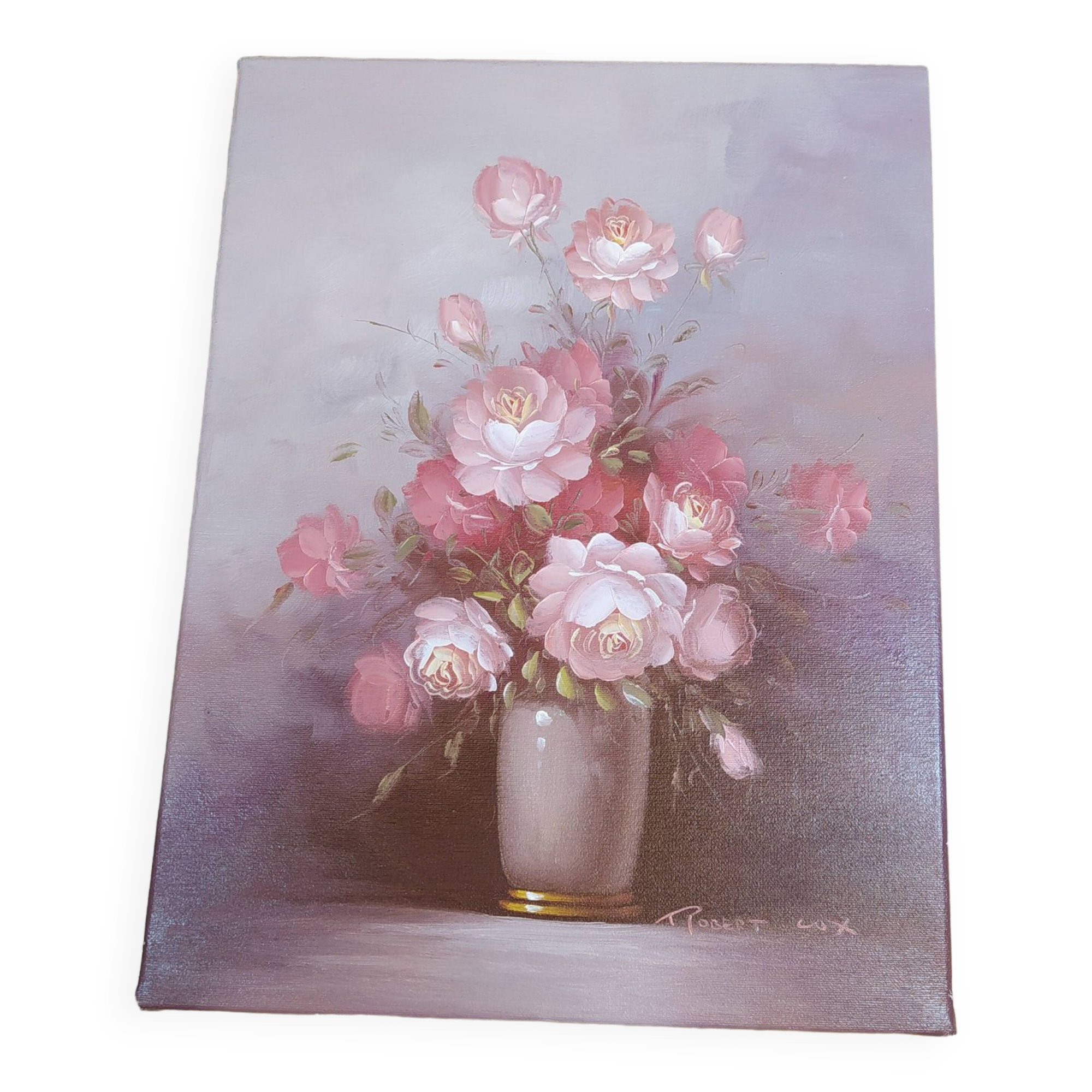 Still life painting bouquet of pink flowers signed Robert Cox