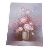 Still life painting bouquet of pink flowers signed Robert Cox