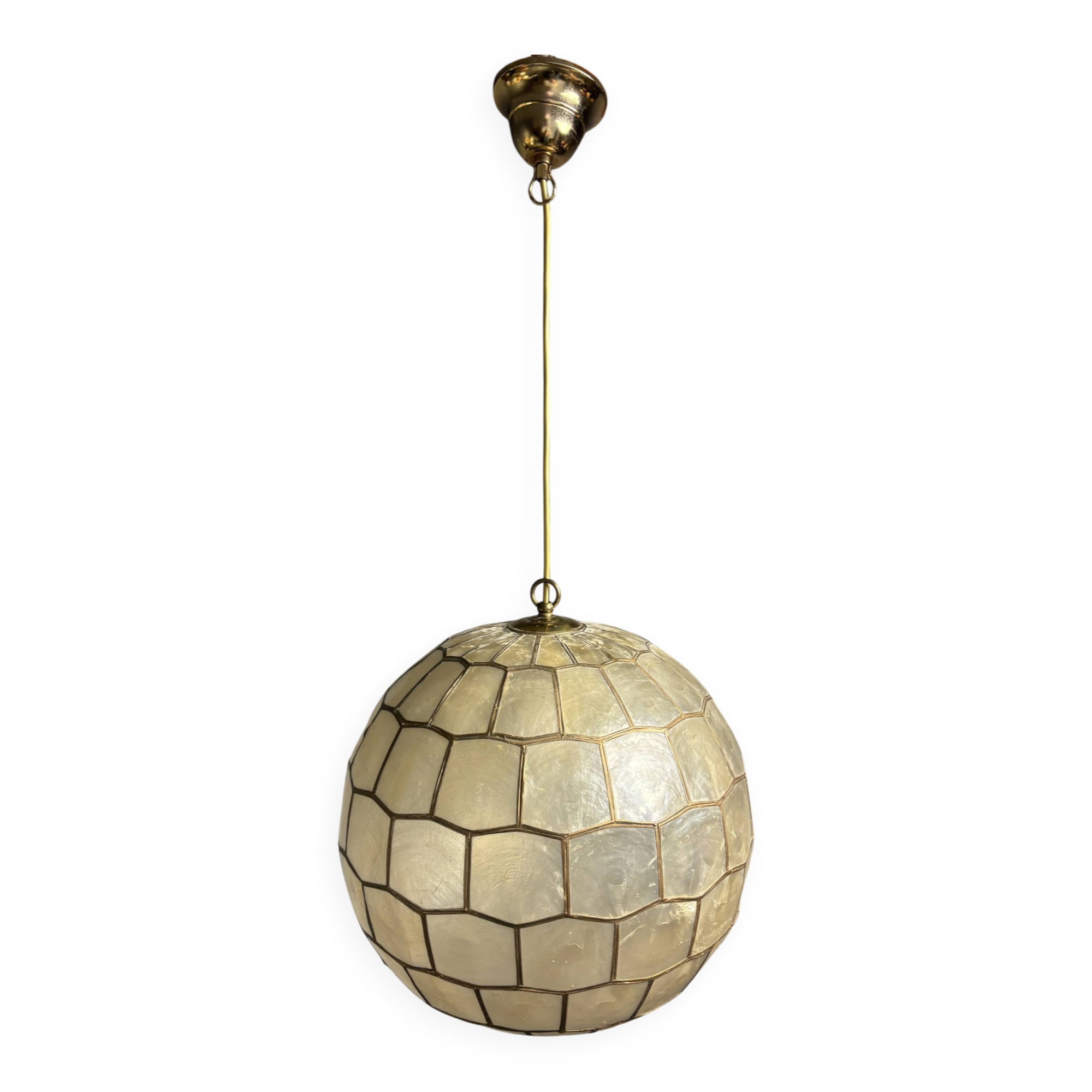 Midcentury mother of pearl Capiz shell & brass sphere large pendant, 1960s