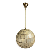 Midcentury mother of pearl Capiz shell & brass sphere large pendant, 1960s