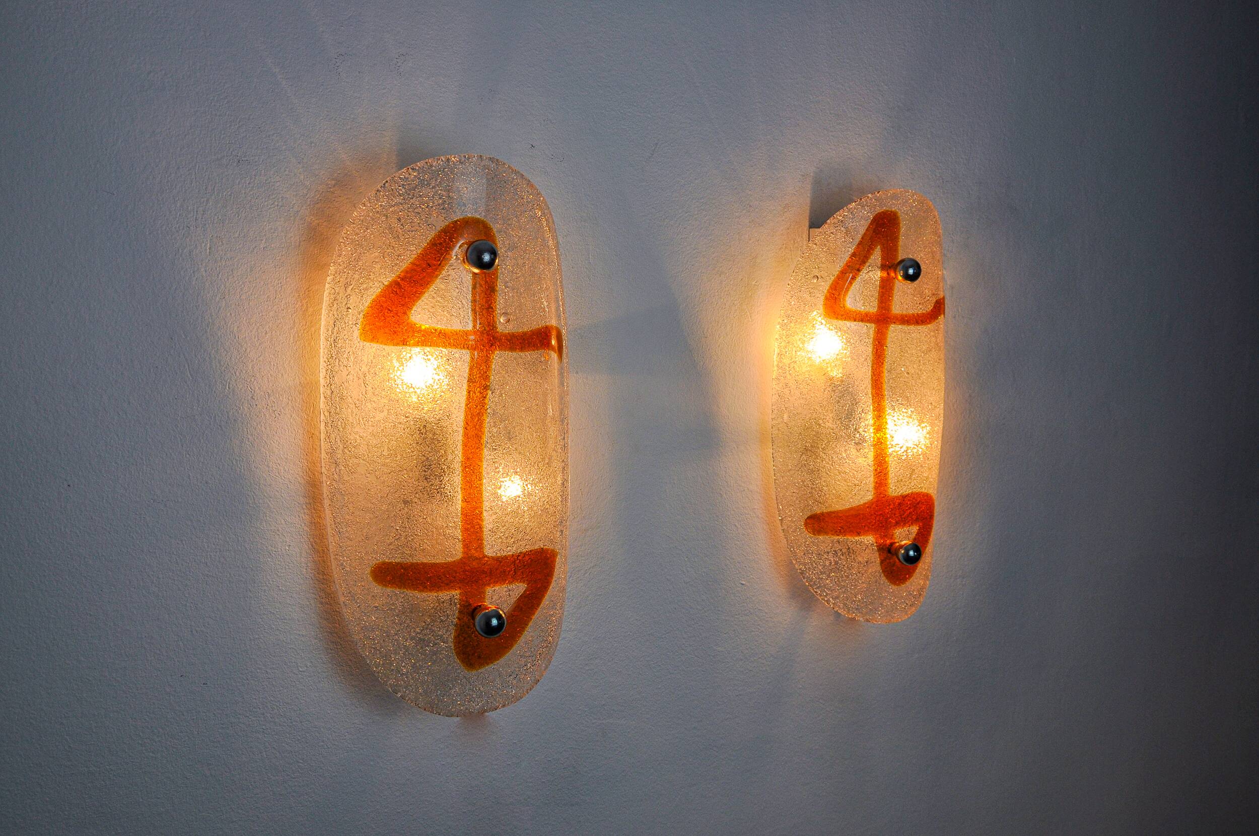 Pair of XL wall lights by Murano Mazzega in orange frosted glass Italy 1970