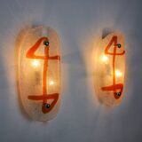 Pair of XL wall lights by Murano Mazzega in orange frosted glass Italy 1970