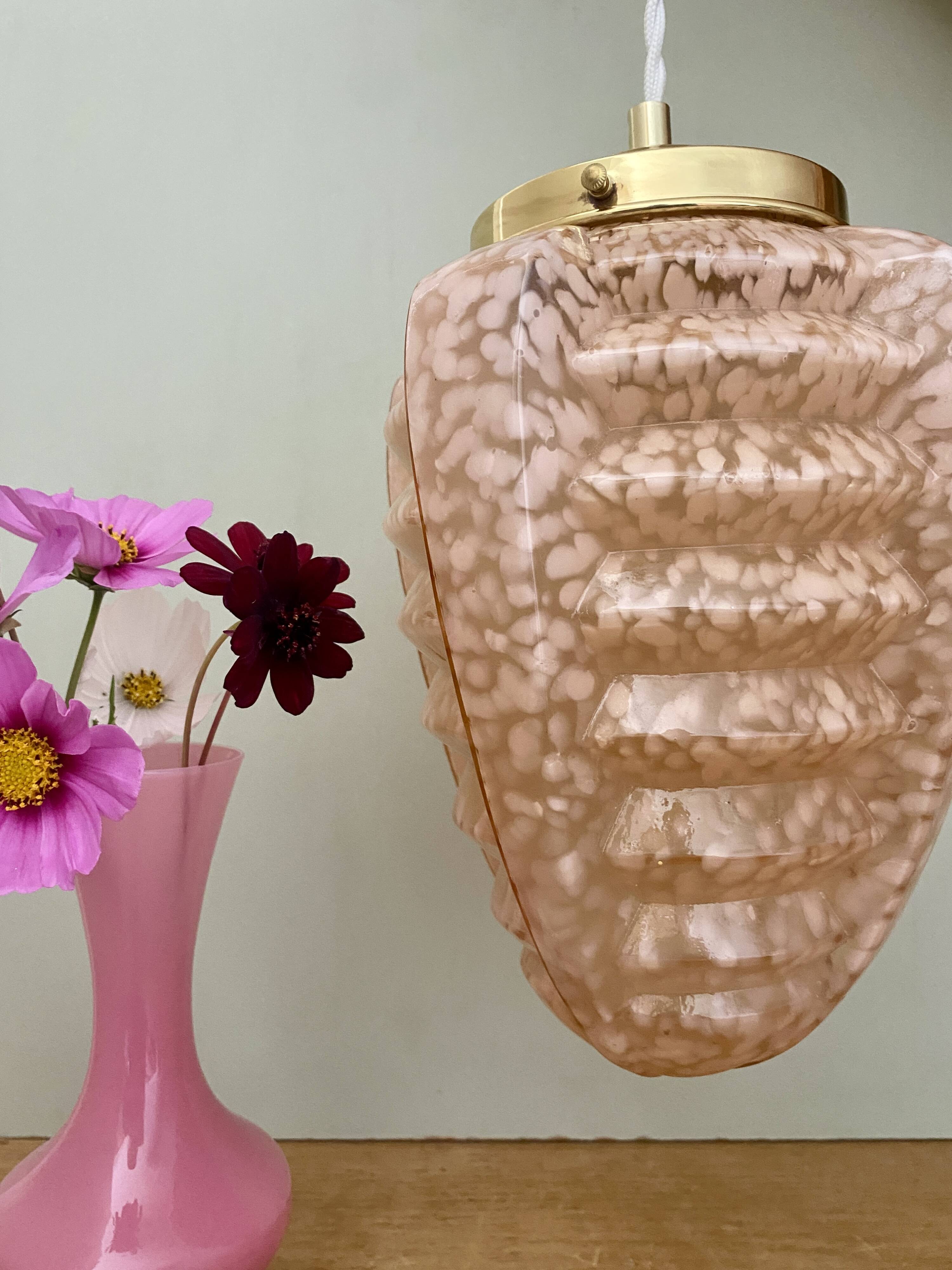 Vintage art deco globe pendant light in pink clichy glass