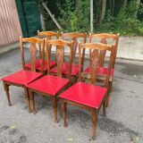 6 Art Deco dining chairs in solid wood and burgundy leather, 1950s