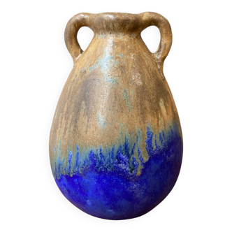 Vase grès flammé beige et bleu années 20/30