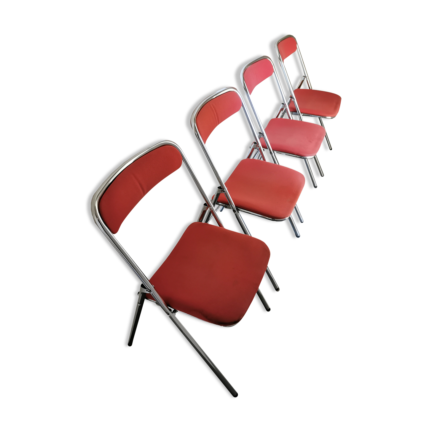 4 red and chrome folding chairs, Plichaise by Souvignet, France, 1970