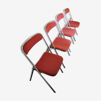 4 red and chrome folding chairs, Plichaise by Souvignet, France, 1970