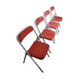 4 red and chrome folding chairs, Plichaise by Souvignet, France, 1970