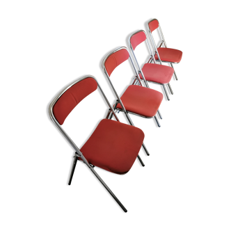 4 red and chrome folding chairs, Plichaise by Souvignet, France, 1970