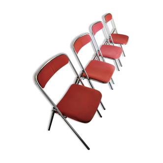 4 chaises pliantes rouge et chrome, Plichaise par Souvignet, France, 1970