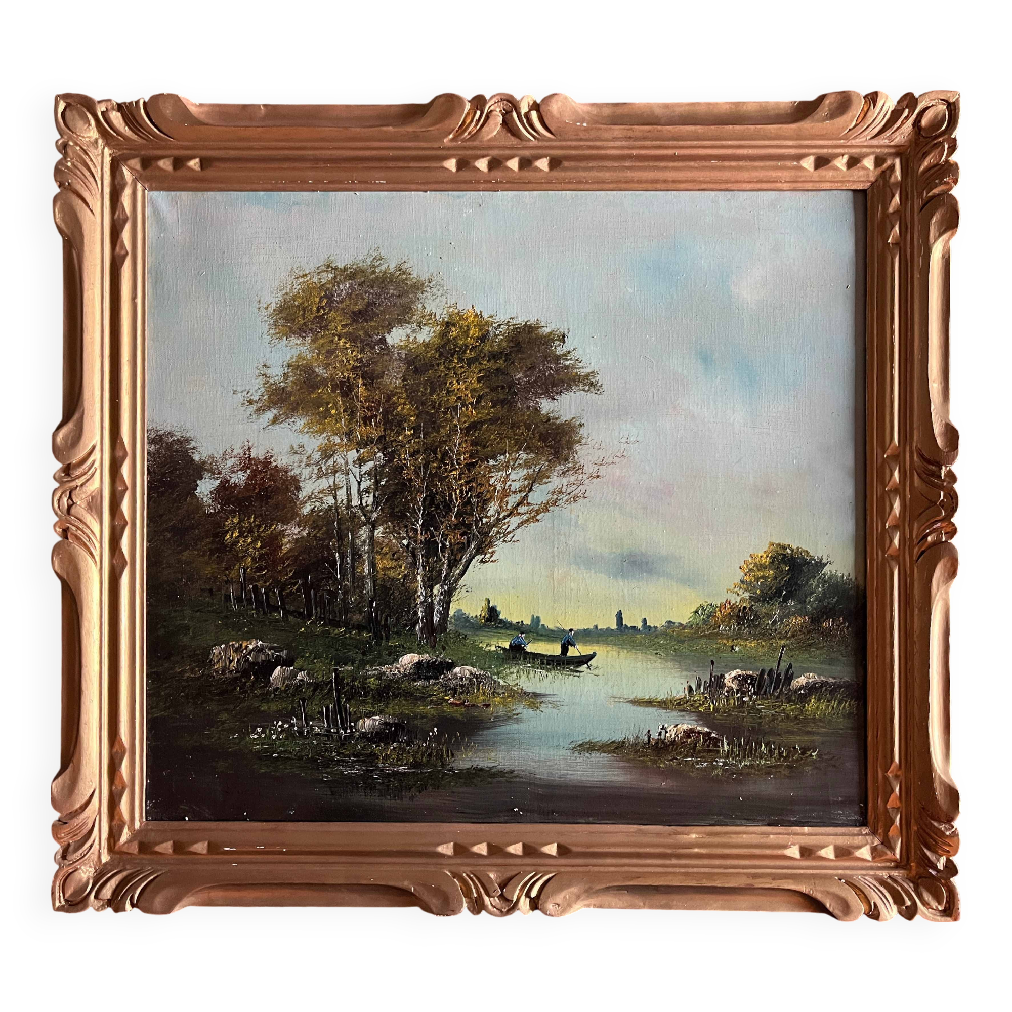 HST painting "Landscape with fishermen" 1898 signed Lion + frame