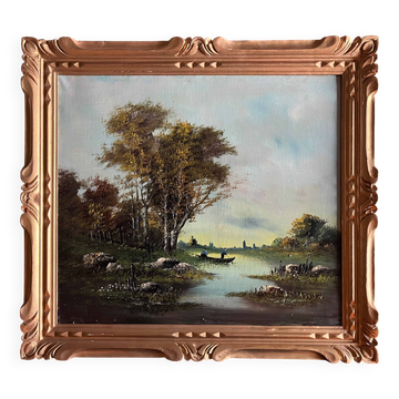 Tableau HST "Paysage aux pêcheurs" 1898 signé Lion + cadre