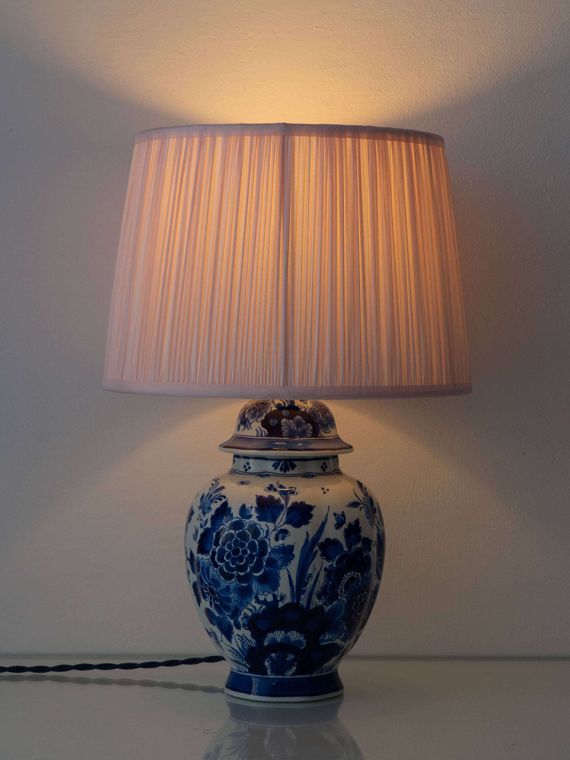 Pair of Royal Delft Blue & White Hand-Painted Floral Ginger Jar Table Lamps