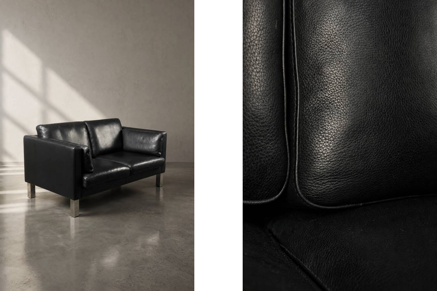 Vintage Mid-Century Danish Modern Two-Seater Black Leather Sofa, 1970s