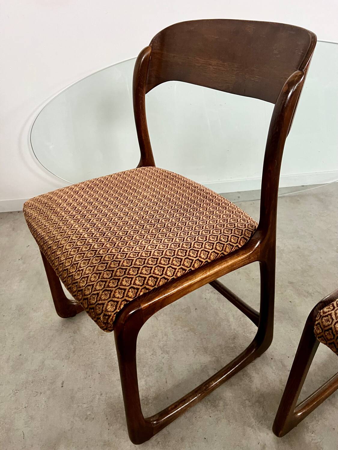 Set of 6 old baumann design sled chairs from the 60s wood and fabric