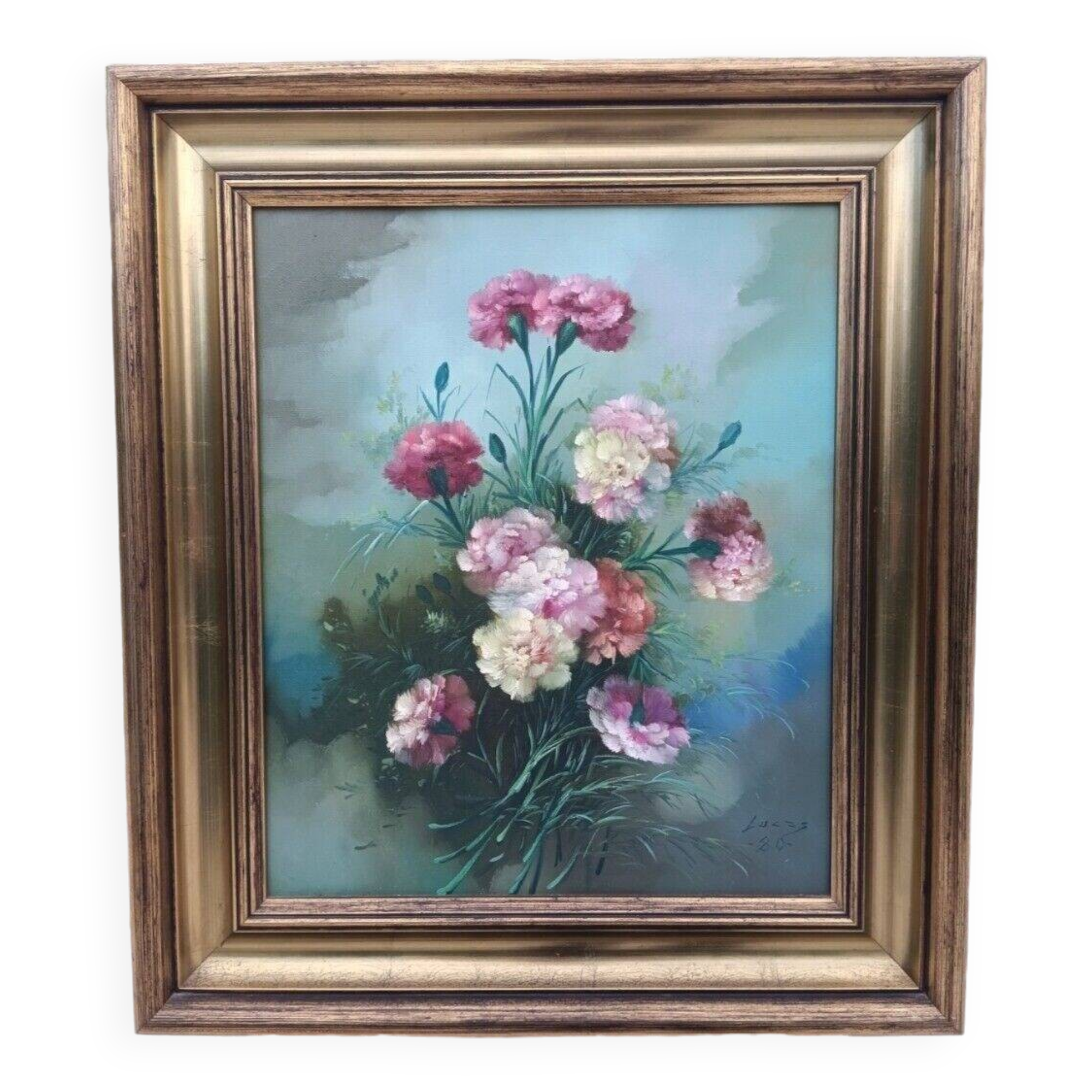 Vintage 20th Century Blooming Bouquet Still Life Oil Painting on Canvas