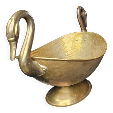 Oval beaten brass dish with swan handles